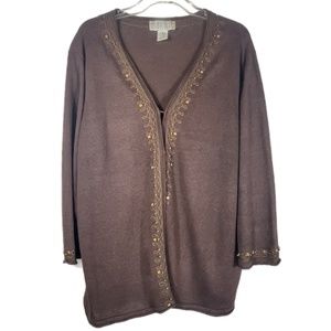 Brown Embroidered And Beading Long Sleeve Cardigan